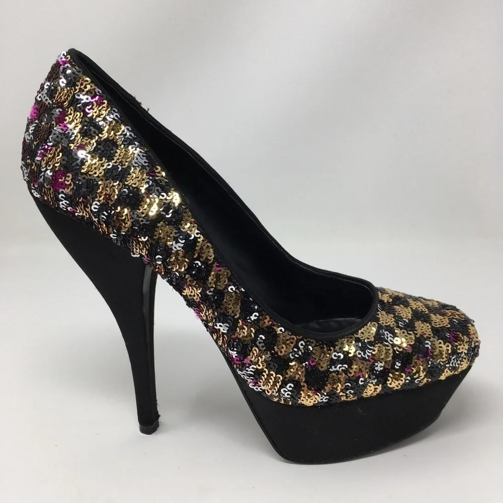 Nine West Heels Shoes Black Pink Satin Sequins 7.5